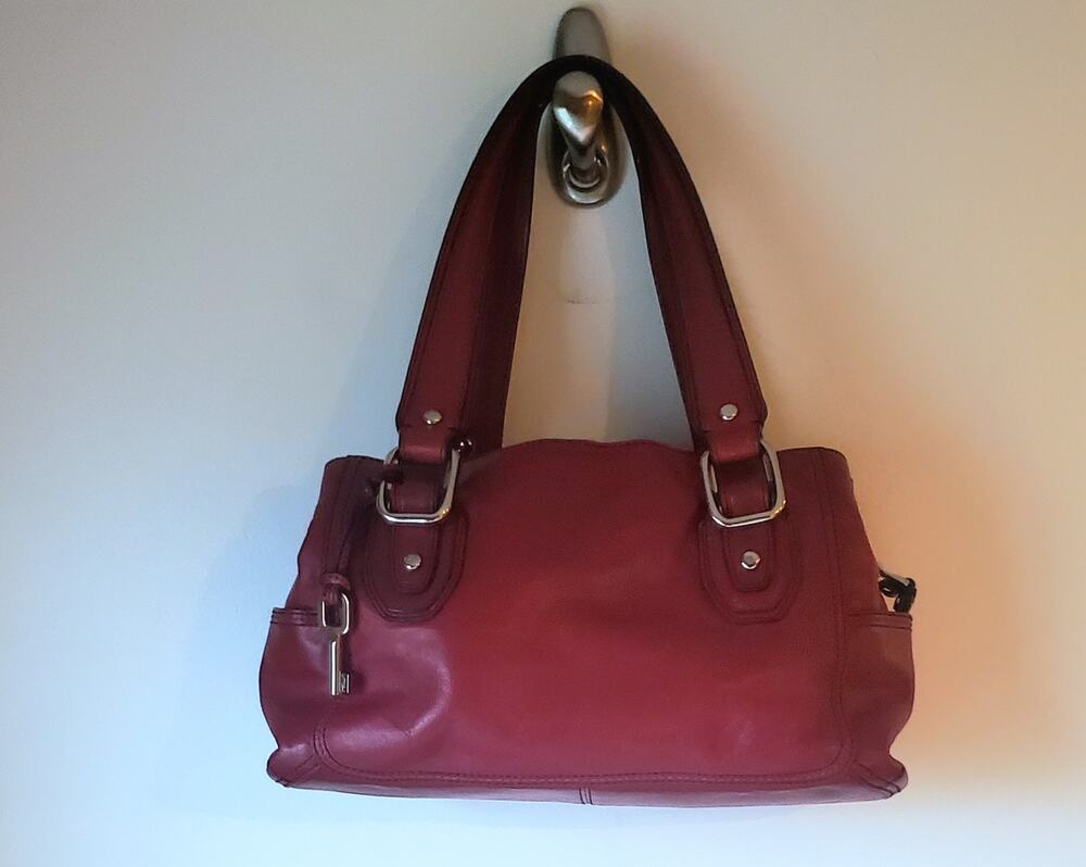 Fossil Womens Red Leather Satchel Zip Closure Medium Sized Preppy Cottagecore